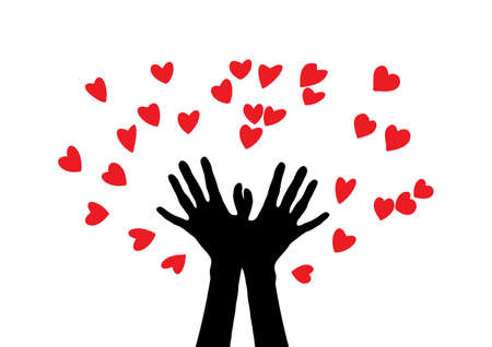 Hands producing many hearts. Silhouette of two hands. Hands throw a lot of hearts.のイラスト素材