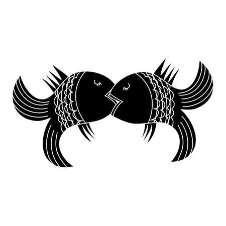 Kiss of two fishes black silhouette on a white background. Vector illustration.のイラスト素材