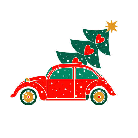 Merry christmas greeting card illustration of vintage red car with xmas pine tree gift on roof. EPS10 vector.のイラスト素材