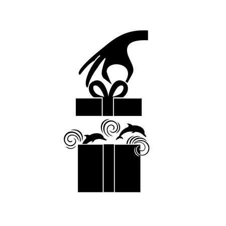 Icon sea as a gift. Hand opens a gift box with dolphins jumping out of it. Icon Surprise.のイラスト素材
