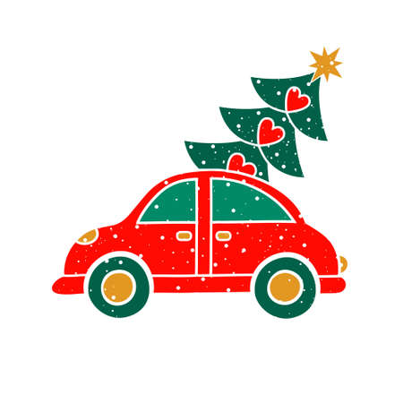 illustration of vintage red car with xmas pine tree gift on roof. EPS10 vector.のイラスト素材
