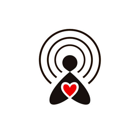 Radio receiving station. Pictogram of a human figure with a heart. The icon of the donor, a volunteer philanthropist. Hand drawn vector illustration isolated on white, logo, t-shirt designのイラスト素材