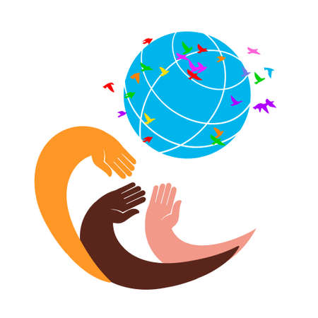 Three hands of different skin colors hold the globe. Concept of peace and tolerance. Flat style sign for mobile concept and web design. Charity symbol, logo illustration. Vector graphicsのイラスト素材