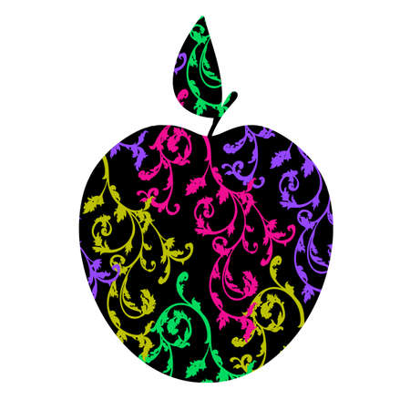 Apple. Silhouette of an apple with ornaments. Decorative apple icon on a background with pattern.のイラスト素材