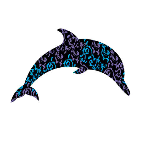 Dolphin with ornaments. Dolphin vector. Black silhouette of the Dolphin is decorated with colored ornaments. Dolphin vector silhouette on a white background.のイラスト素材