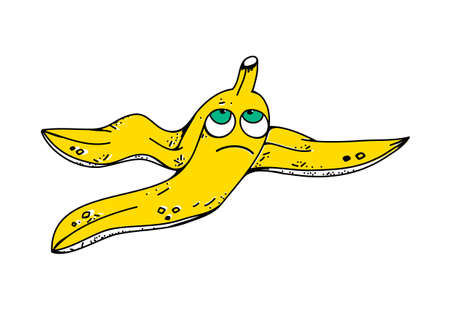 Banana with eyes funny banana face old banana peel. Cute sad banana fruit. Vector flat cartoon character illustration icon design. Isolated on white background.のイラスト素材
