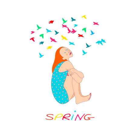 Spring Girl is an image of a girl who looks at a flock of birds.のイラスト素材