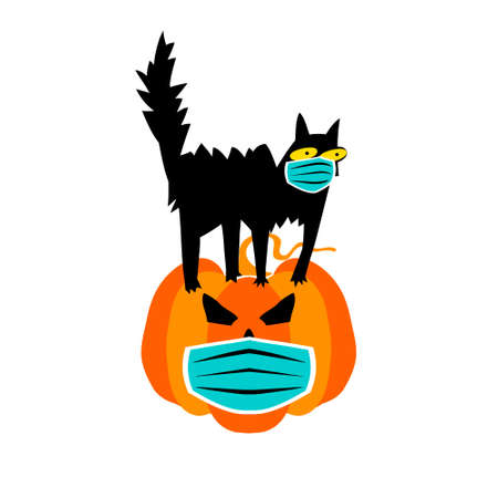 A black Halloween cat sits on a pumpkin. Safety breathing masks Corona Virus.のイラスト素材