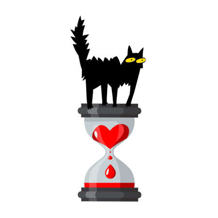 Colorful simple flat art illustration of a cartoon black cat sitting on an hourglass.のイラスト素材