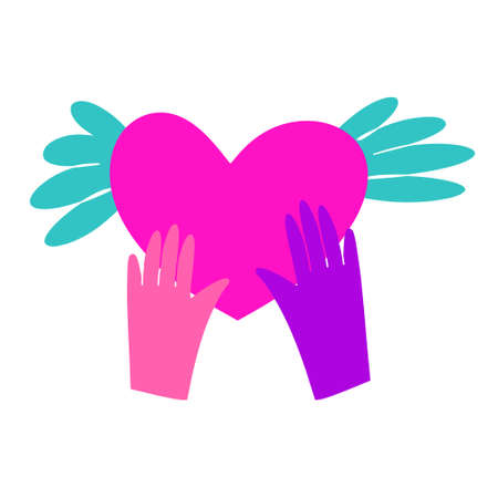 Two colored hands similar to those of a child or a person with Down syndrome hold a heart with wings. International Children's Dayのイラスト素材