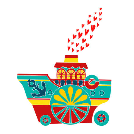 Hand-drawn steamboat with hearts instead of steam from the chimney. In cartoon style on a white background. Nice element for the design of social media stories, stickers illustration for Valentine's Day.の写真素材