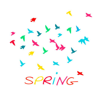 Spring. Vector colorful background of a birds flock. Vector illustrationのイラスト素材