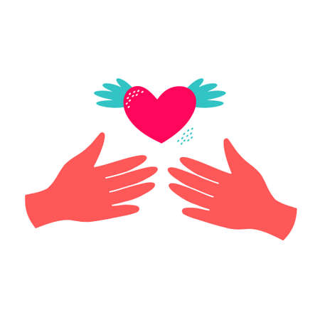 Love and compassion hand drawn vector illustration. Hands holding heart isolated on white...