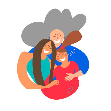 Happy daughter hugs her old mother and her little daughter feeling love for each other.のイラスト素材