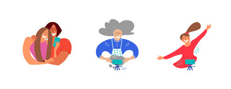 A set of cartoon bloggers and vloggers. People take pictures of themselves with their smartphone and shoot video vlogs. A couple in love, a little girl and an elderly ladyのイラスト素材