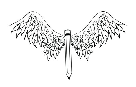 Pencil with wings, illustration for art, scripting, Design for creative writing and creation, storytelling, blogging, education, book cover, article and website content writing, copywritingのイラスト素材