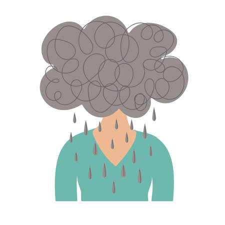 Woman having her head in a black rainy cloud. Conceptual illustration of upset, bad feelings and frustration. Depression idea. Menstrual syndrome and behavior changeのイラスト素材