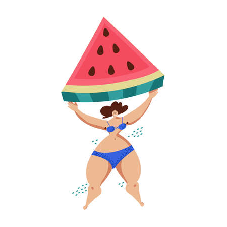 A cute cartoon woman is holding a huge slice of ripe watermelon in her hands. The concept of sweet summer goodies, benefits, rewards, benefits or perks. Flat vectorのイラスト素材