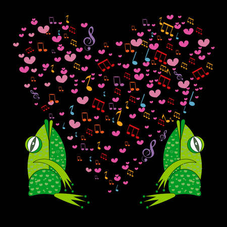 Two Cartoon frogs on a background of heartのイラスト素材