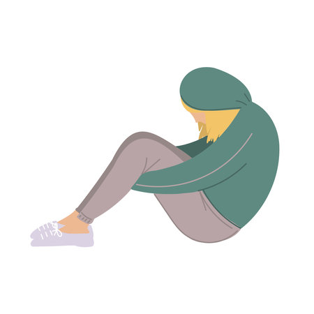 Sad and depressed girl sitting on the floor. Depressed teenager. Creative vector illustrationのイラスト素材