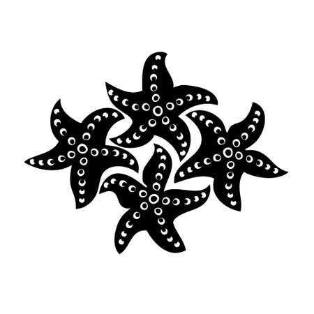 Four starfish. Flat Design Vector Starfish Icon, Black and White Shape. Nautical Marine Symbol Vector Illustration. Isolated Seashell Sign. Business Element.のイラスト素材