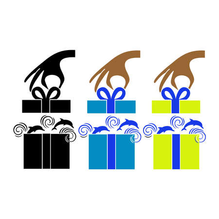 Hand opens a gift box from which dolphins jump out. Travel as a giftのイラスト素材
