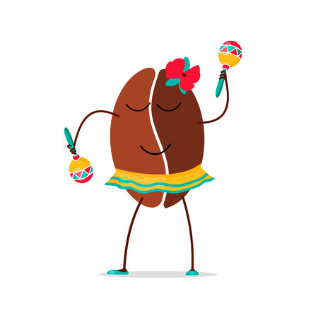 Coffee beans, cute cartoon character, smiling face, emotions of happy joy, dark brown sign, vector illustration of a coffee drink. The character is a coffee bean with maracas. Brazilian coffeeのイラスト素材