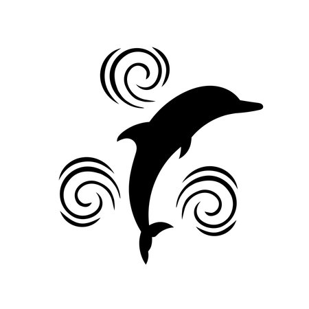 Black and white vector illustration of dolphin jumping on the wave. Monochrome dolphin isolated on white background. Logo template.のイラスト素材