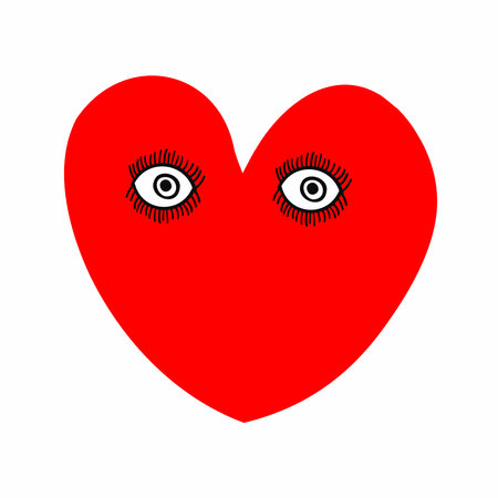 Cute red heart with big eyes. Ideal for textile design, socks, dresses, pattern, postcard on saint valentines day, embroidery.のイラスト素材