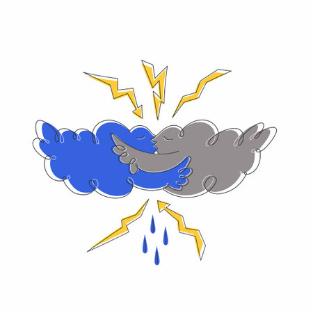 Two gray fluffy clouds in a passionate embrace with lightning and rain. Atmosphere, cartoon, climate, cloudscape, graphics, illustration, meteorology,のイラスト素材
