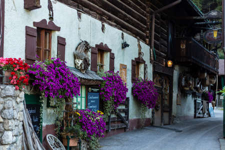 Village with beautiful houses, flowers, small details, animals in springtime, Austria, Filzmoosのeditorial素材