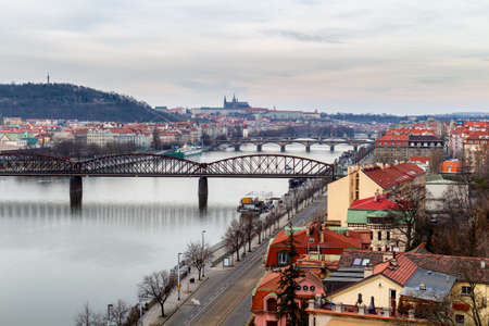 View from the Vysehrad to the castle and river Vltava with bridges, Prague, Czech republic. Travel destinationのeditorial素材