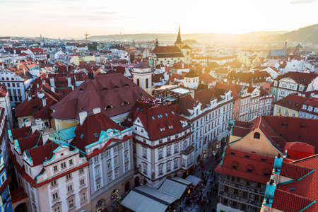 Top view to red roofs skyline of Prague city Czech republicのeditorial素材