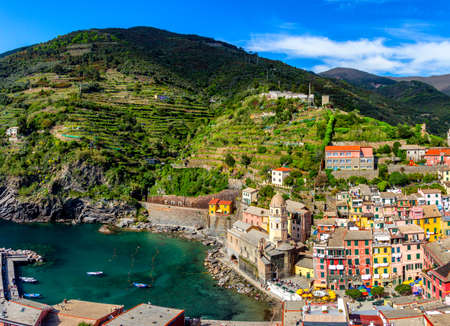 View of Vernazza houses and blue sea, Cinque Terre national park, Liguria, Italyの写真素材