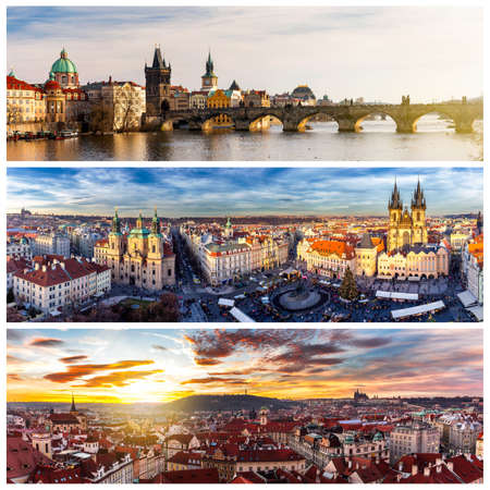 Collage of landmarks of Prague. Charles bridge, Cathedral of Saint Vitus, Orloj Astronomical Clock, Church of our Lady Tyn in old town of Prague, Czech Republicの写真素材
