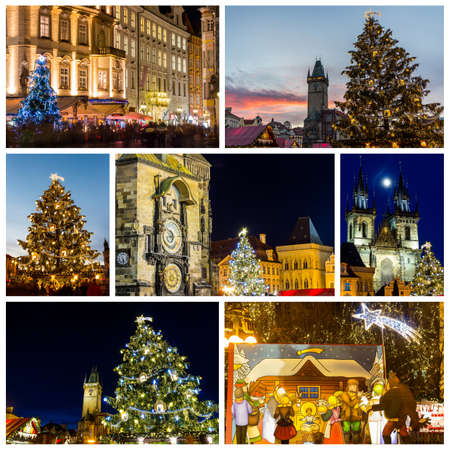 Collage of landmarks of Prague in winter with Christmas market and tree, Czech Republicの写真素材
