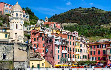 View of Vernazza houses and blue sea, Cinque Terre national park, Liguria, Italy