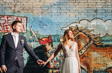 Portrait of bride and groom posing on the streets of Rome, Italyの写真素材