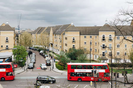London, England - April 4, 2017: London streets with Red Bus in the Peckham district, London, UK.のeditorial素材