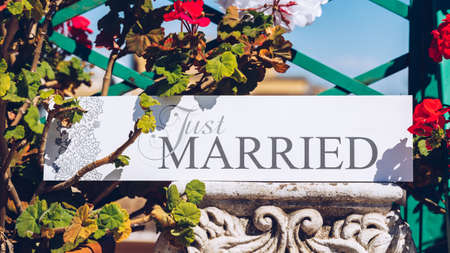 Just Married text on white background with flowersの写真素材