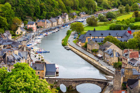 The picturesque medieval port of Dinan on the Rance Estuary, Brittany (Bretagne), Franceの写真素材