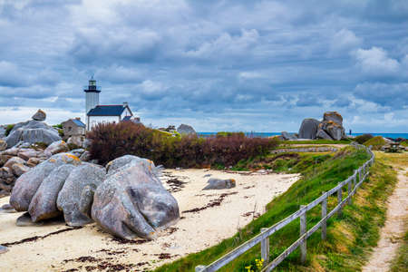 Pontusval lighthouse (Phare de Pontusval) at Brignogan-Plages, Finistere. Brittany (Bretagne), Franceの写真素材