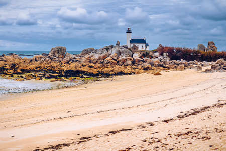 Pontusval lighthouse (Phare de Pontusval) at Brignogan-Plages, Finistere. Brittany (Bretagne), Franceの写真素材