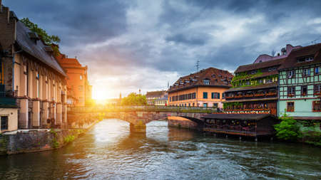 Beautiful view of the historic town of Strasbourg, colorful houses on idyllic river. Strasbourg, Franceの写真素材