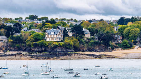View of Dinard city with coastline full of boats. Brittany, Franceの写真素材