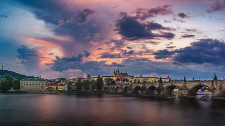 Famous iconic image of Prague castle and Charles Bridge, Prague, Czech Republic. Concept of world travel, sightseeing and tourism.のeditorial素材