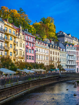 Karlovy Vary, Czech Republic - September 30, 2017: World-famous for its mineral springs, the town of Karlovy Vary (Karlsbad) was founded by Charles IV in the mid-14th century.のeditorial素材