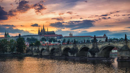 Famous iconic image of Charles bridge, Prague, Czech Republic. Concept of world travel, sightseeing and tourism.のeditorial素材