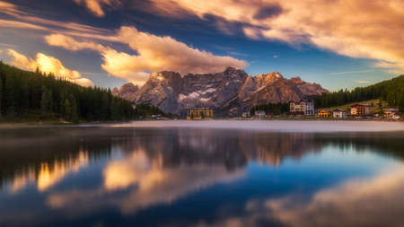Misurina Lake, on Dolomites (Italian Alps) seen at sunrise. Sorapiss mountain in the background. South Tyrol, Dolomites, Italy.の写真素材
