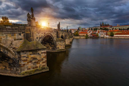 Famous Charles bridge in the sunset light, beautiful scenary and one of the iconic landmarks in Prague. Czech Republic.の写真素材